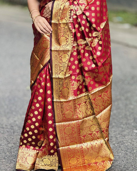 ব্লাউজ পিস সহ খয়েরী সফট লতা কাতান শাড়ি - LT7