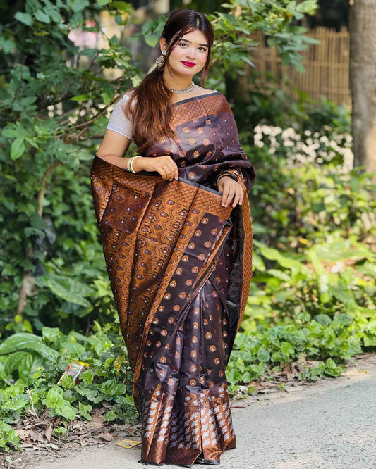 ব্লাউজ পিস সহ কফি কালার সফট কাতান শাড়ি - KT4