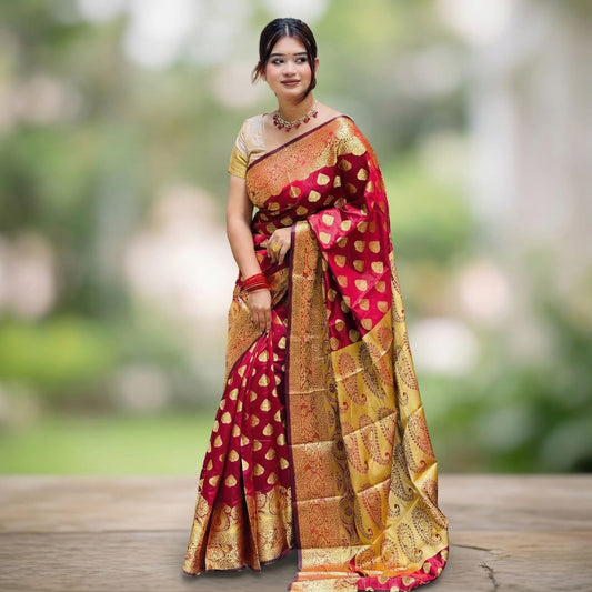 ব্লাউজ পিস সহ খয়েরী সফট কাতান শাড়ি - KT3