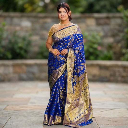 ব্লাউজ পিস সহ নীল  লতা কাতান শাড়ি - LT5