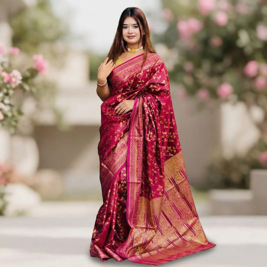 ব্লাউজ পিস সহ খয়েরী জরি কাতান শাড়ি - JT1